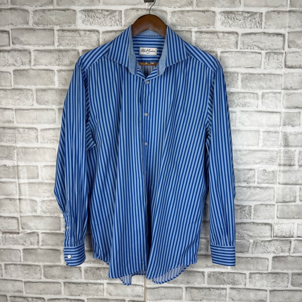 Robert Graham Mens Blue Striped Long Sleeve Button Down Shirt Size 17 /43 Cotton